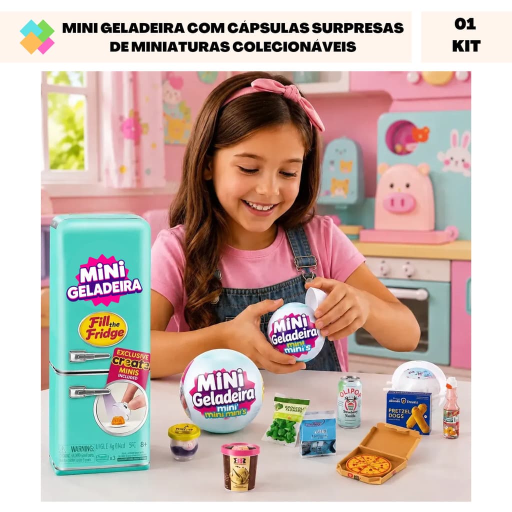 Mini Geladeira Com Cápsulas Surpresas De Miniaturas Colecionáveis (1 Kit)