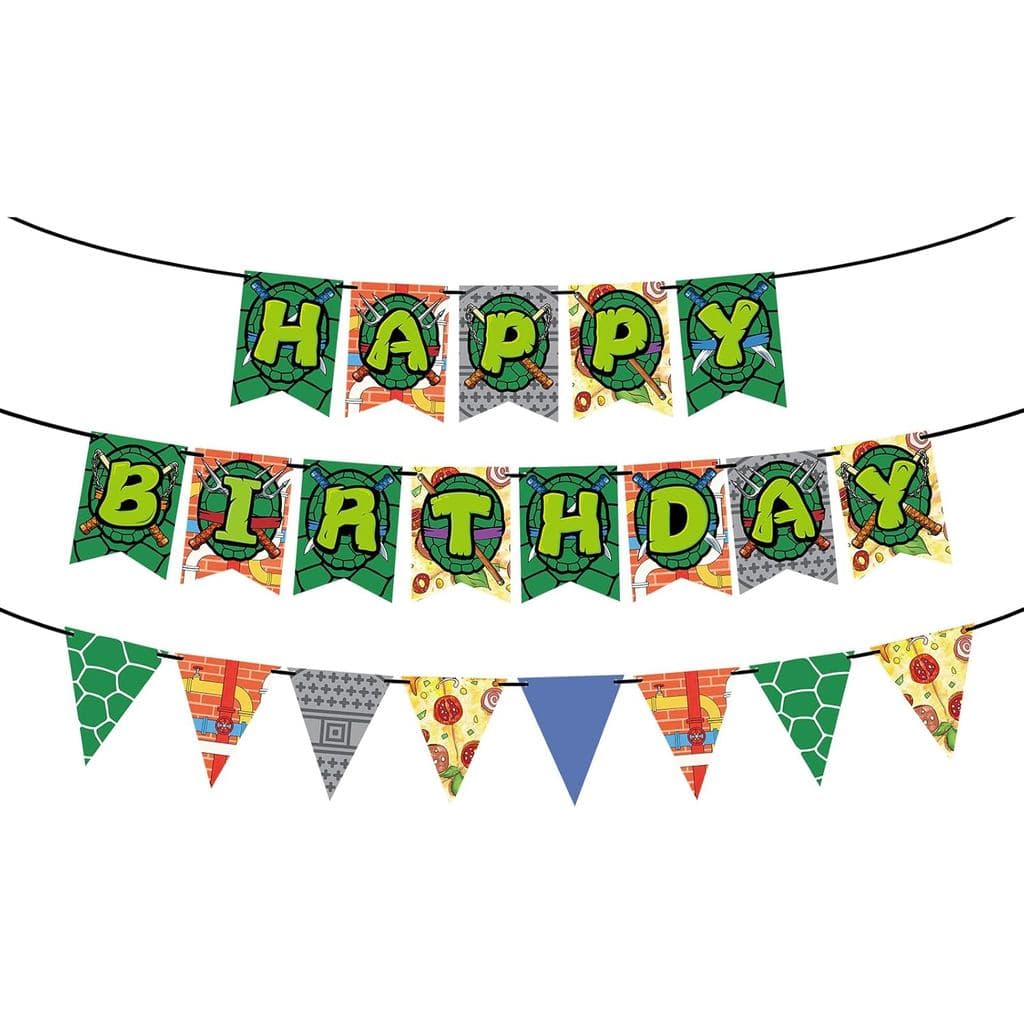 Faixa de Aniversário Pré-montada com Tema Tartaruga e Pizza para Decorações de Festa com Tema Super Tartaruga, Design de