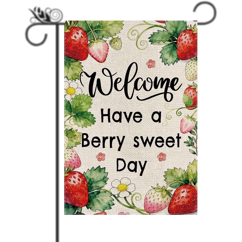 Decoração de Morango - Bandeira de Jardim de Verão em Juta com Motivo de Frutas, Dupla Face, para Decorações Externas de
