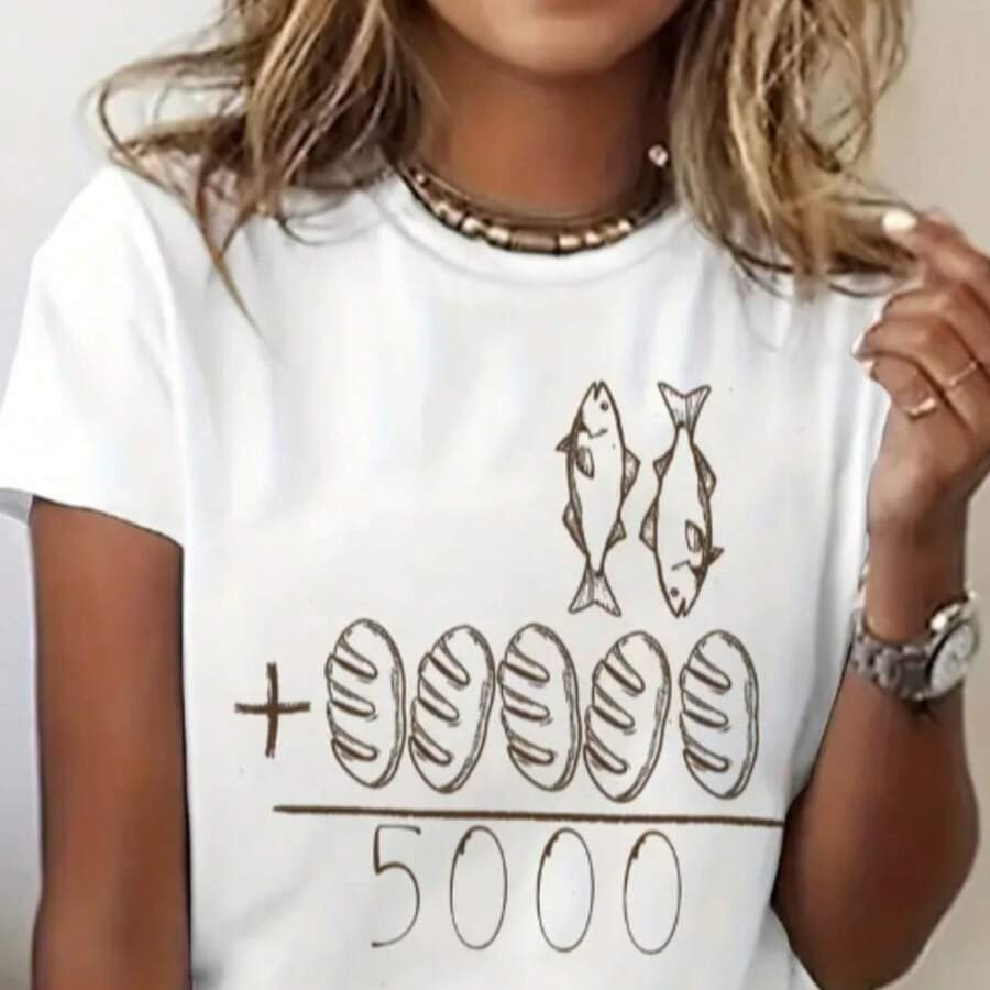 Camiseta Feminina de Gola Redonda Estampada com fé feminina, Moda T-shirt Feminina com Estampa de fé feminina