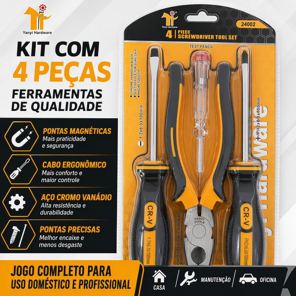 Kit Ferramentas Básico 4 em 1 Alicate Universal, Chave Fenda e Phillips, Caneta Teste Elétrica para Reparos Domésticos