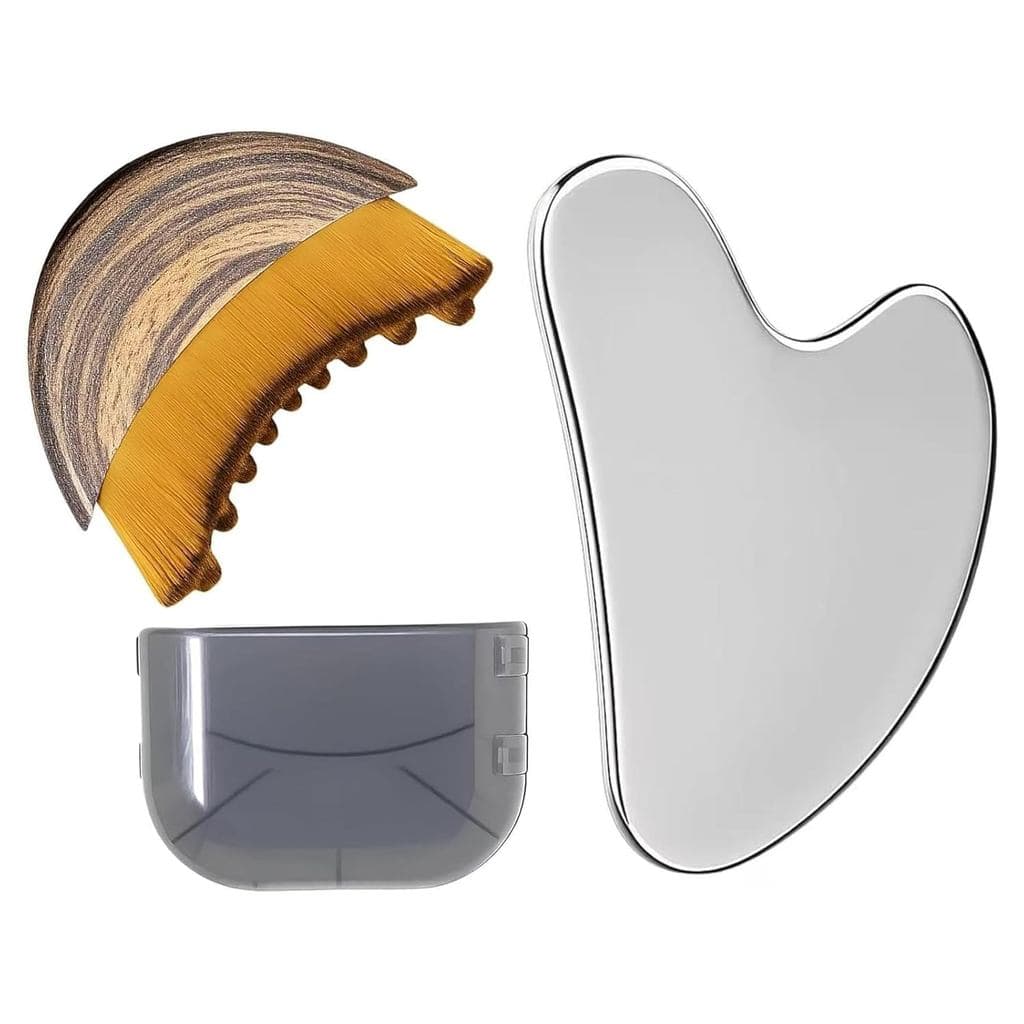 Conjunto de Ferramenta Gua Sha de Aço Inoxidável e Escova Facial para Drenagem Linfática, Kit de Massagem Facial para Es