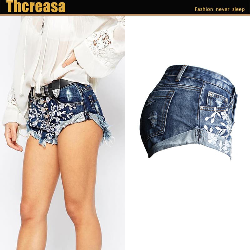 [Novo produto] Shorts jeans desgastados bordados da indústria pesada, calças femininas enroladas de pernas largas [venda