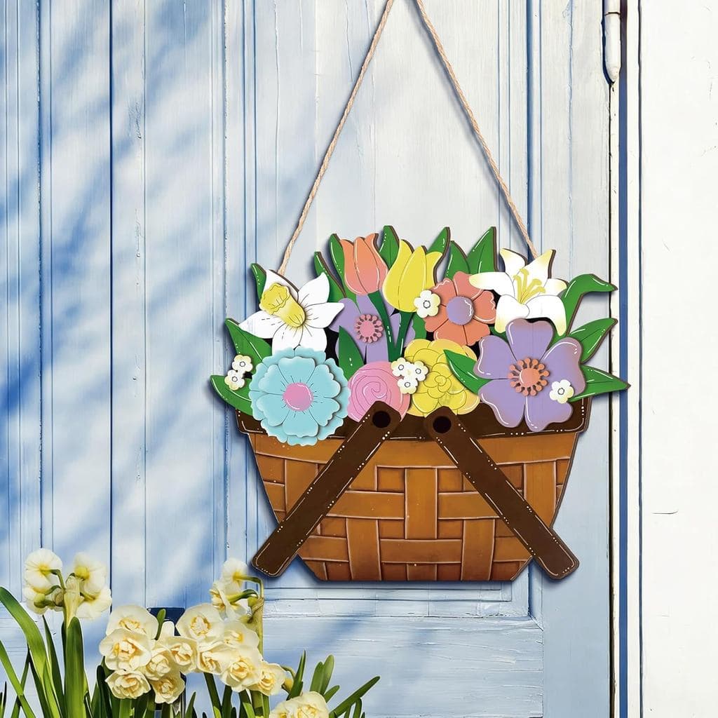 Soaoo Placa Decorativa para Porta com Cesta de Flores de Primavera, Cesta de Madeira Tecida em 3D com Lírios e Tulipas,