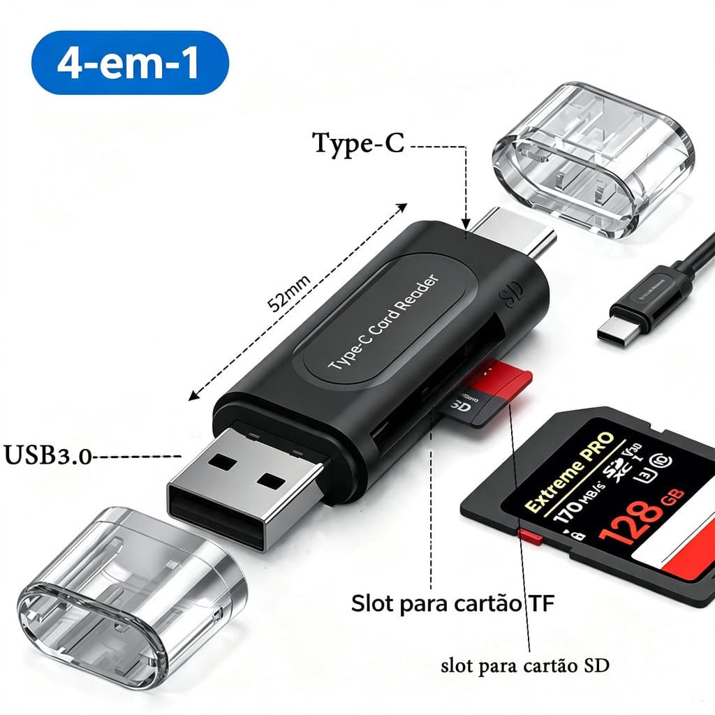 Leitor de Cartões 4 em 1 USB 3.0 + Type-C | Leitor SD, Micro SD e SDXC | Velocidade até 5 Gbps | Para Android e PC