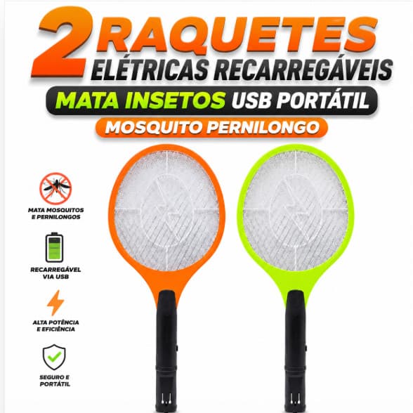 2 Raquetes Elétricas Recarregáveis Mata Insetos USB Portátil Mosquito Pernilongo