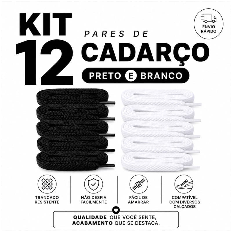 Kit 12 Pares Cadarço Chato Preto e Branco Poliéster Resistente De Ótima Qualidade
