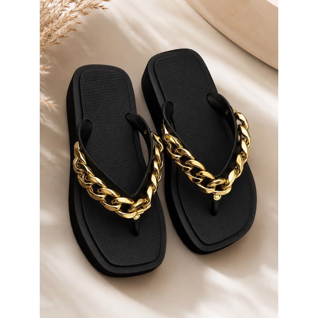 Sandalia Verão Papete Plataforma Feminina com Correntes Douradas Confortável Leve Bico Quadrado Casual Elegante Luxo