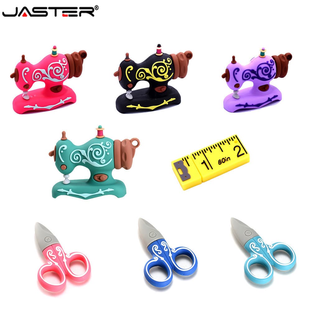 JASTER Cartoon USB 2.0 Flash Drives Máquina De Costura Pen Drive Tesoura Pendrive Alfaiate Presente Criativo Régua Memor