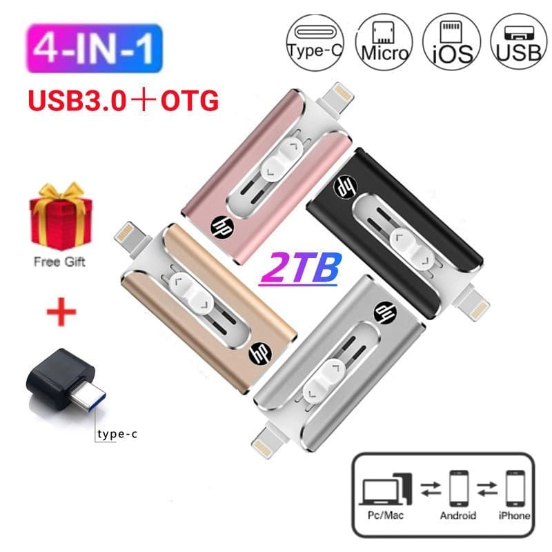 Unidade flash 4 Em 1 HP 2TB USB 3.0 1TB 512GB Memória Vara OTG 256GB 128GB Pendrive Velocidade Rápida Tipo-C Para i/O/S
