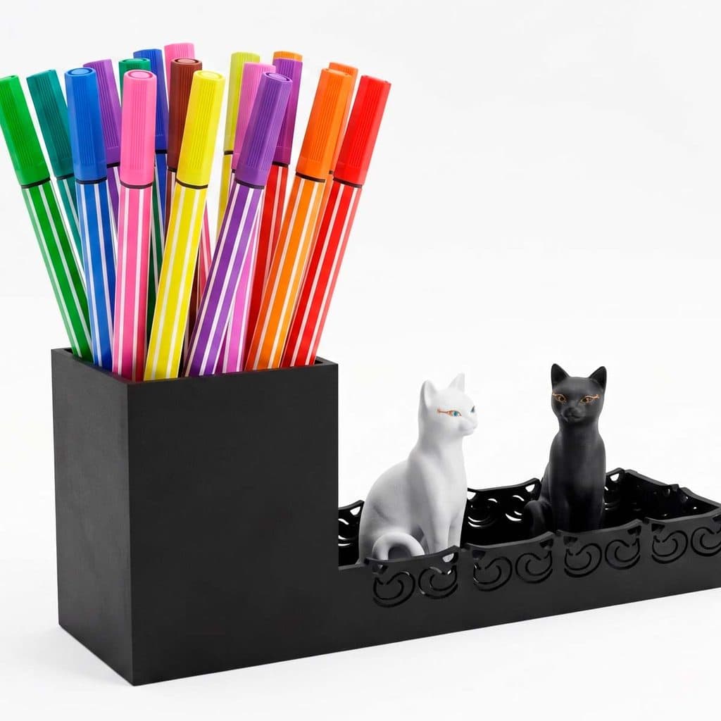 Porta Canetas e Lápis Organizador de Mesa MDF com Miniaturas de Gatos