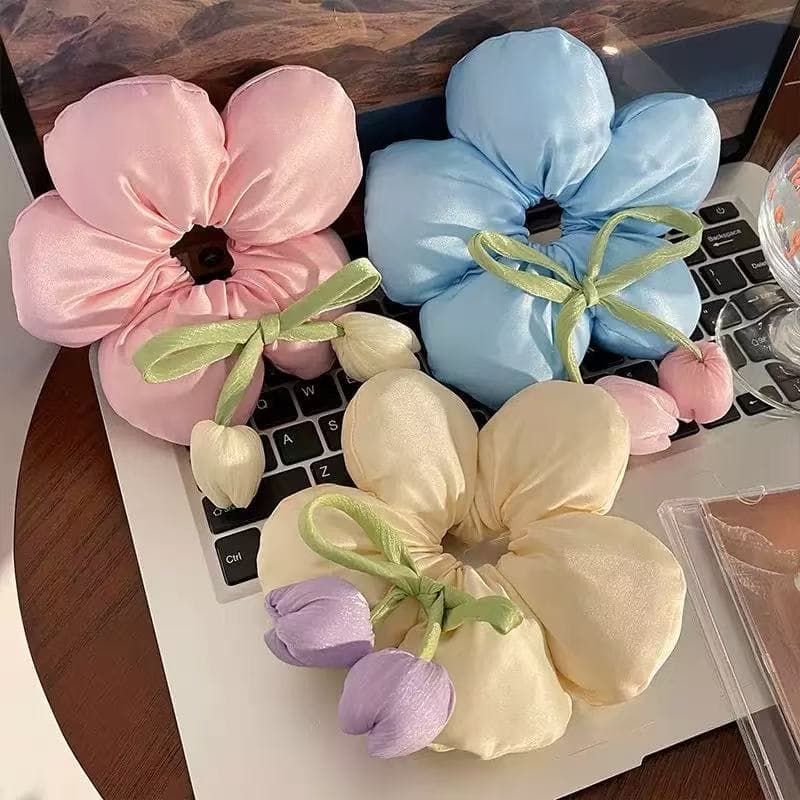 [Estoque pronto] 2026 Novo estilo Tulip Flower Scrunchy Hair Ring Back Head Tie Ball Acessórios de cabelo Alta elasticid