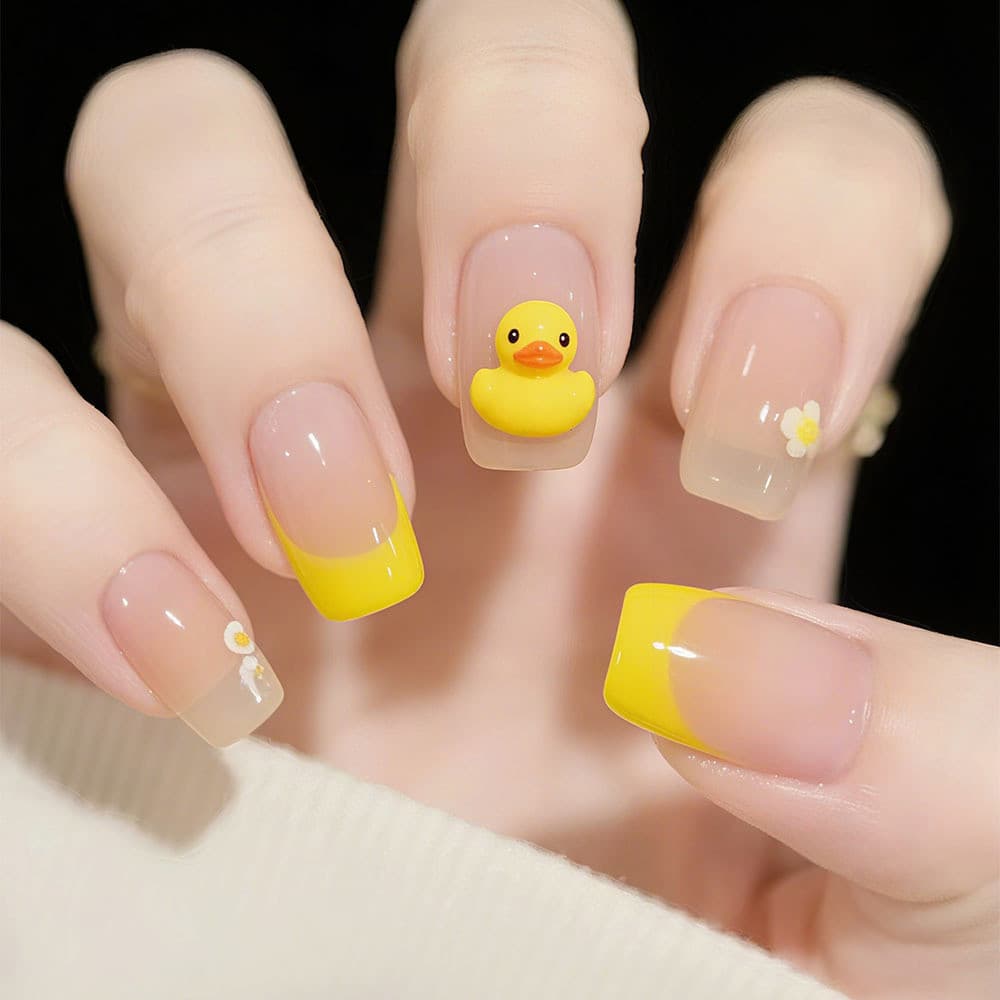 Prensa Francesa Curta Nas Unhas , 24 Unidades De Falsas Removíveis Com Flor De Pato Pequeno Fofo Para Estudantes De Meni