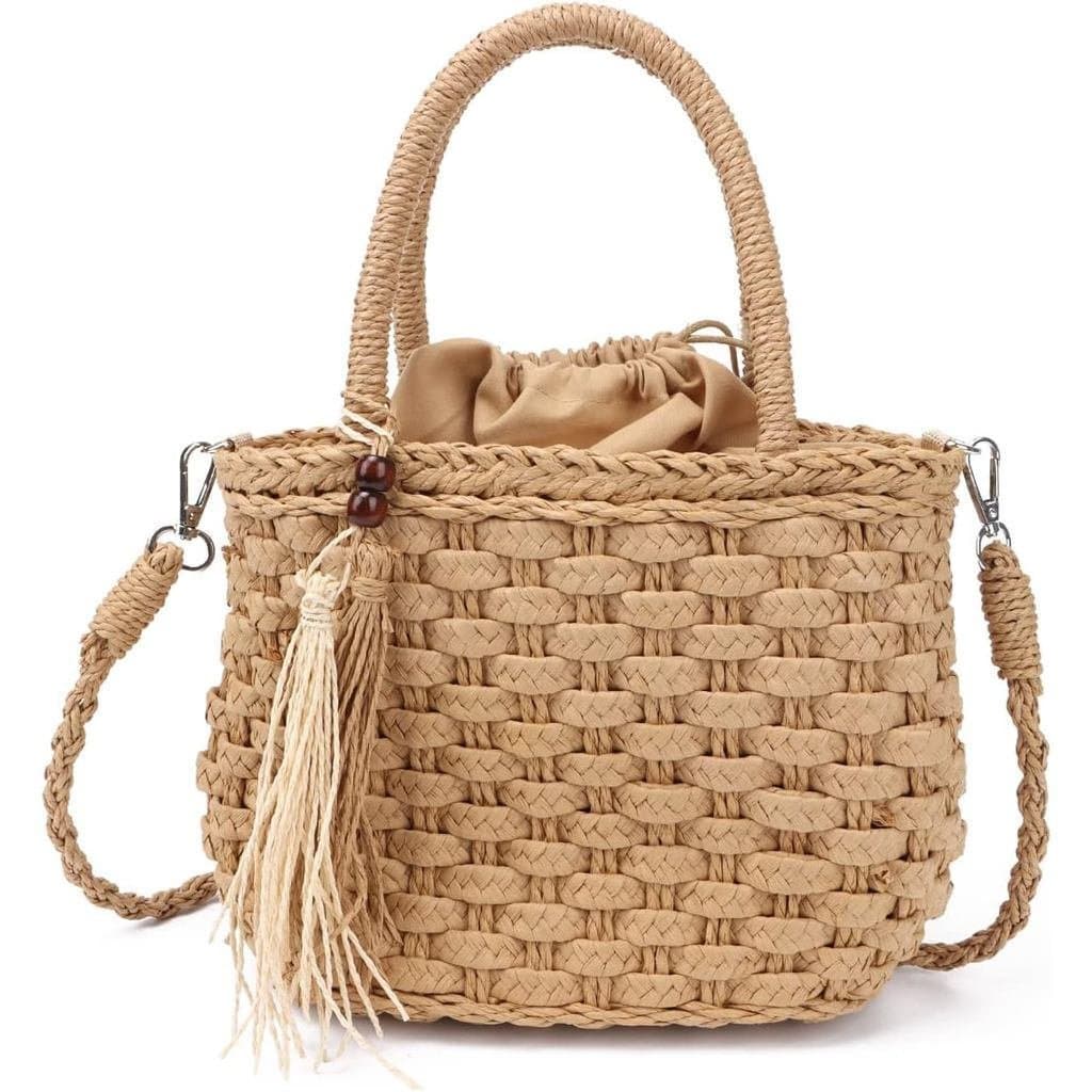 Bolsa de Palha Ynport para Mulheres, Bolsa de Praia de Verão com Cordão, Bolsa de Rattan Feita à Mão, Bolsa de Compras E