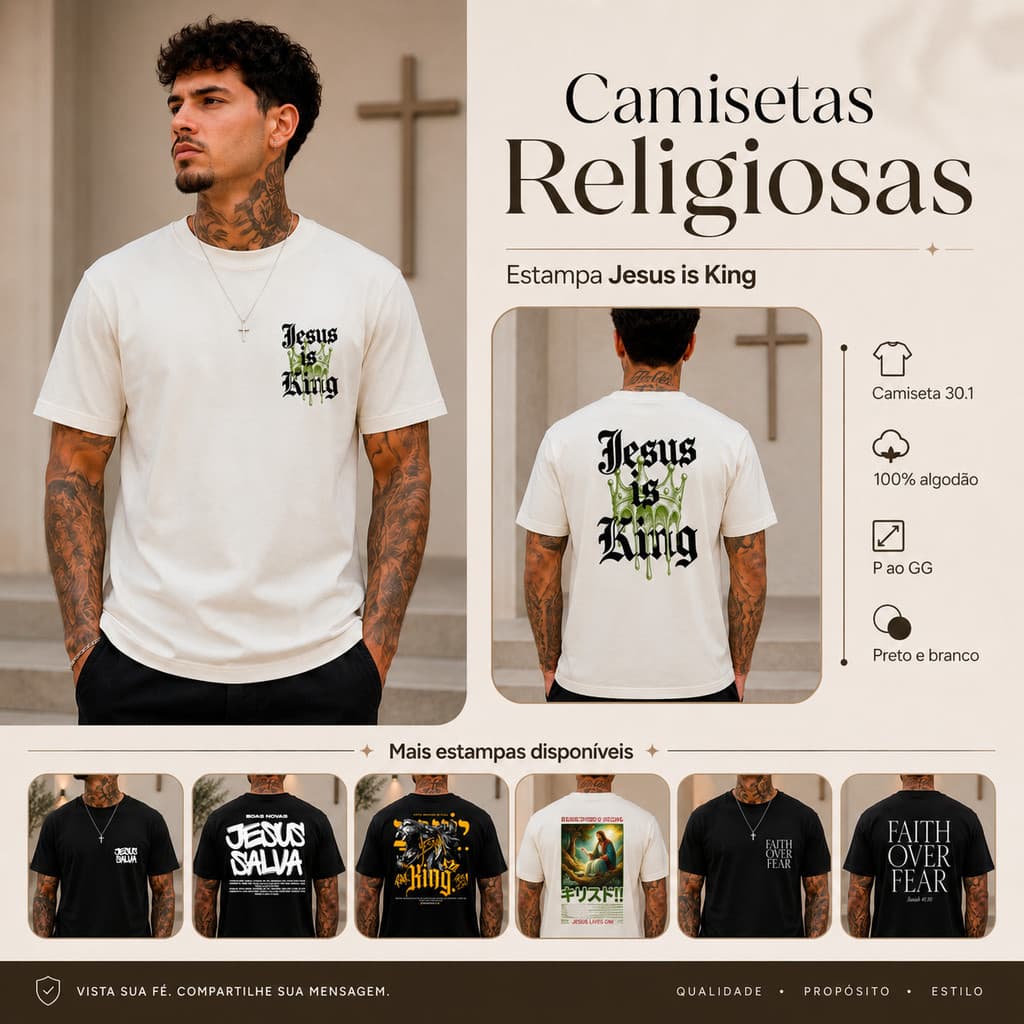 Camiseta Masculina Religiosa Estampada Blusa Gospel 100% Algodão Camisa Malha 30.1