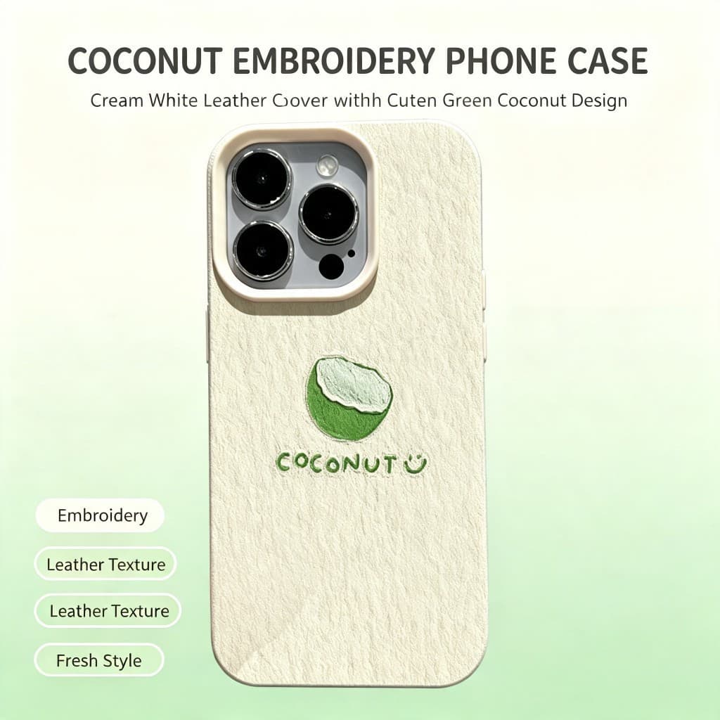 Capa Para iPhone De Coco Bordado Fresco Textura De Couro Creme Moldura De Lente Multicolorida Caixa Anti-Queda