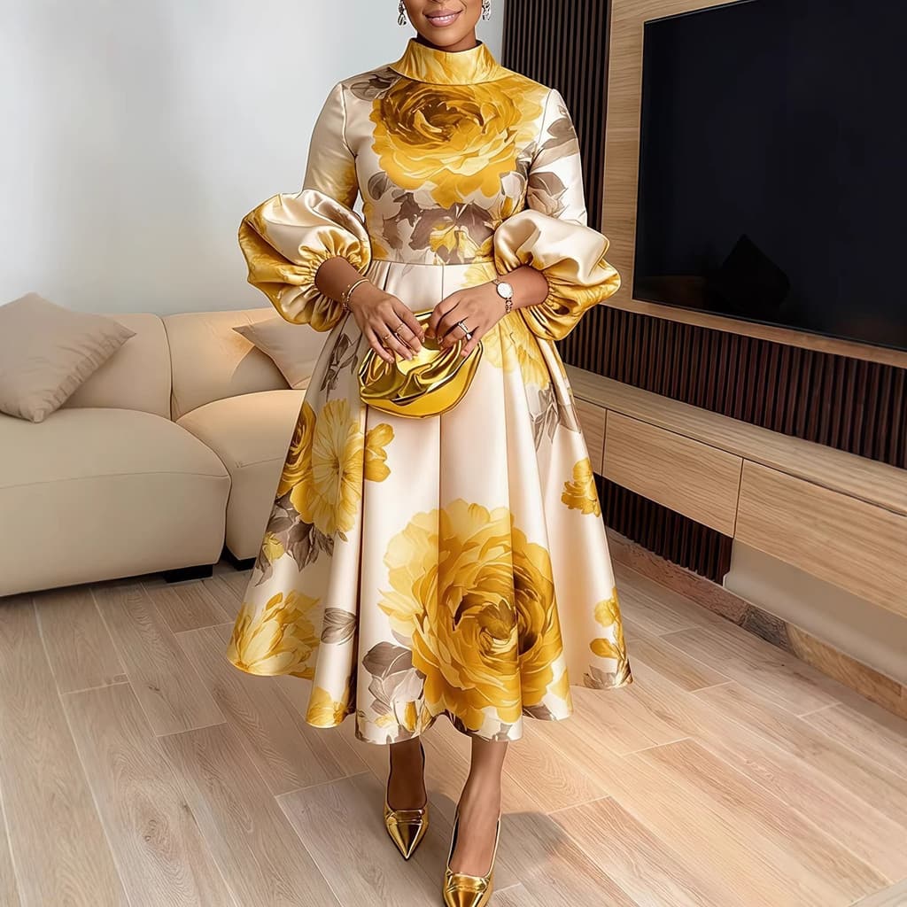 Francês Retro gola alta manga Puff grande vestido Floral feminino verão casa Commuter elegante temperamento vestido