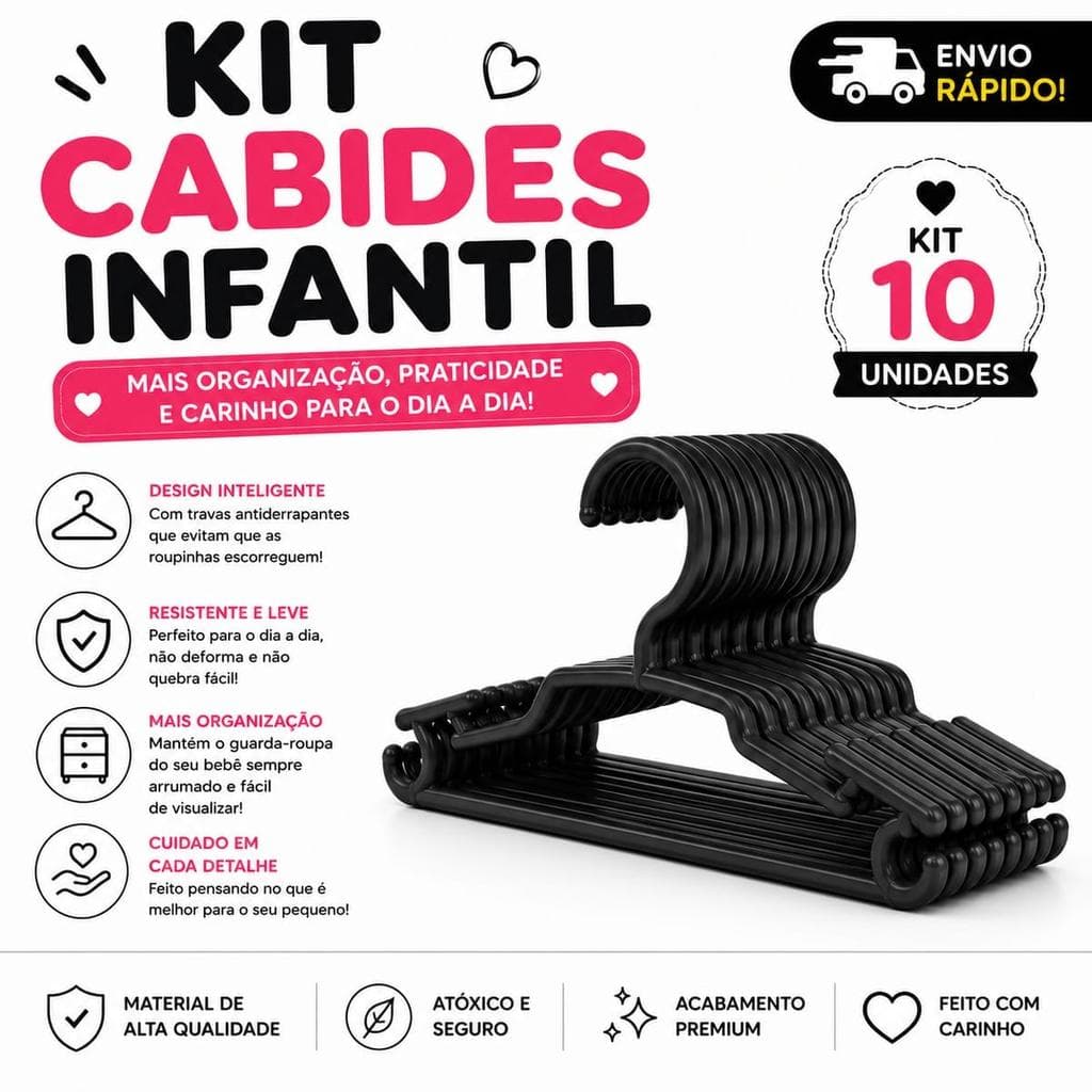 Kit de 10 Cabides Infantis - cor Preta