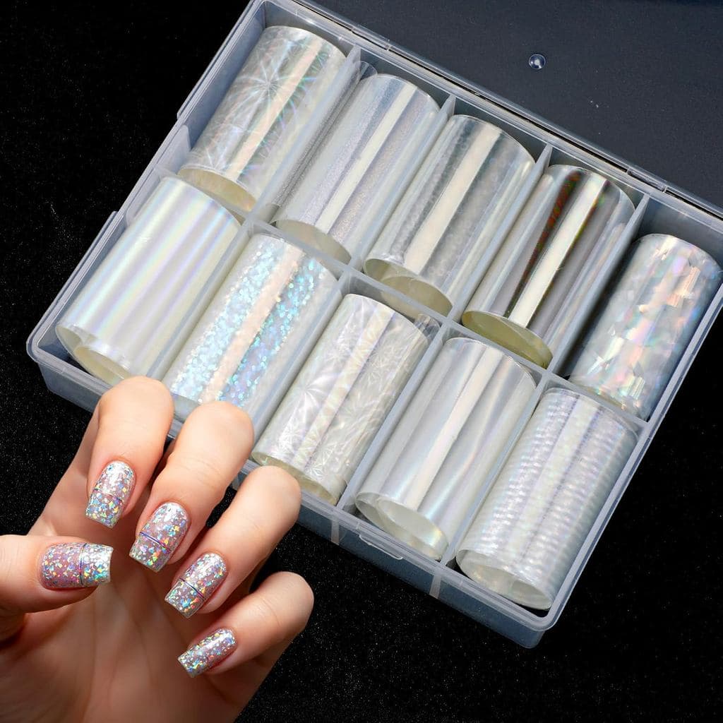 2 Caixas com 20 Rolos de Folha de Unha Aurora Holográfica, Adesivo de Arte para Unhas com Efeito de Fragmentos de Vidro