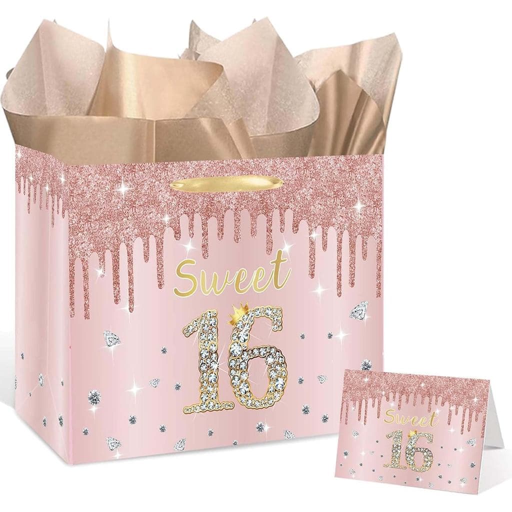 Large Sweet 16 Gift Bag with Tissue Paper and Card, 13" Rose Gold 16th Birthday Gift Bag for Girls, Elegant Glitter Pink