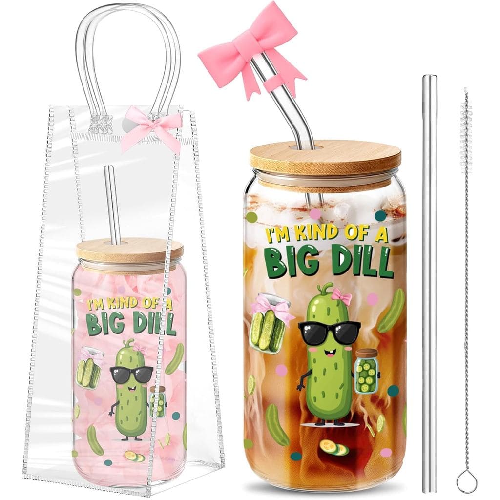 Skylety 3 Pcs Pickle Gifts Set for Women Pickle Lovers Pickles Themed Birthday Gifts 16 oz Glass Cup with Lid & Straw Re