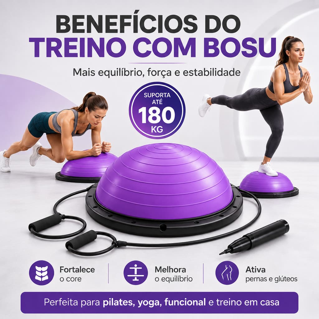 Bosu Azul Profissional Meia Bola Balance com Alças Bomba para Musculação Funcional Core Equilíbrio e Pilates