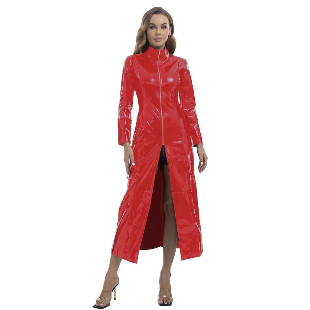 Saia longa de couro brilhante com acabamento espelhado em PU, sobretudo feminino, saia longa de couro, tamanho preciso.
