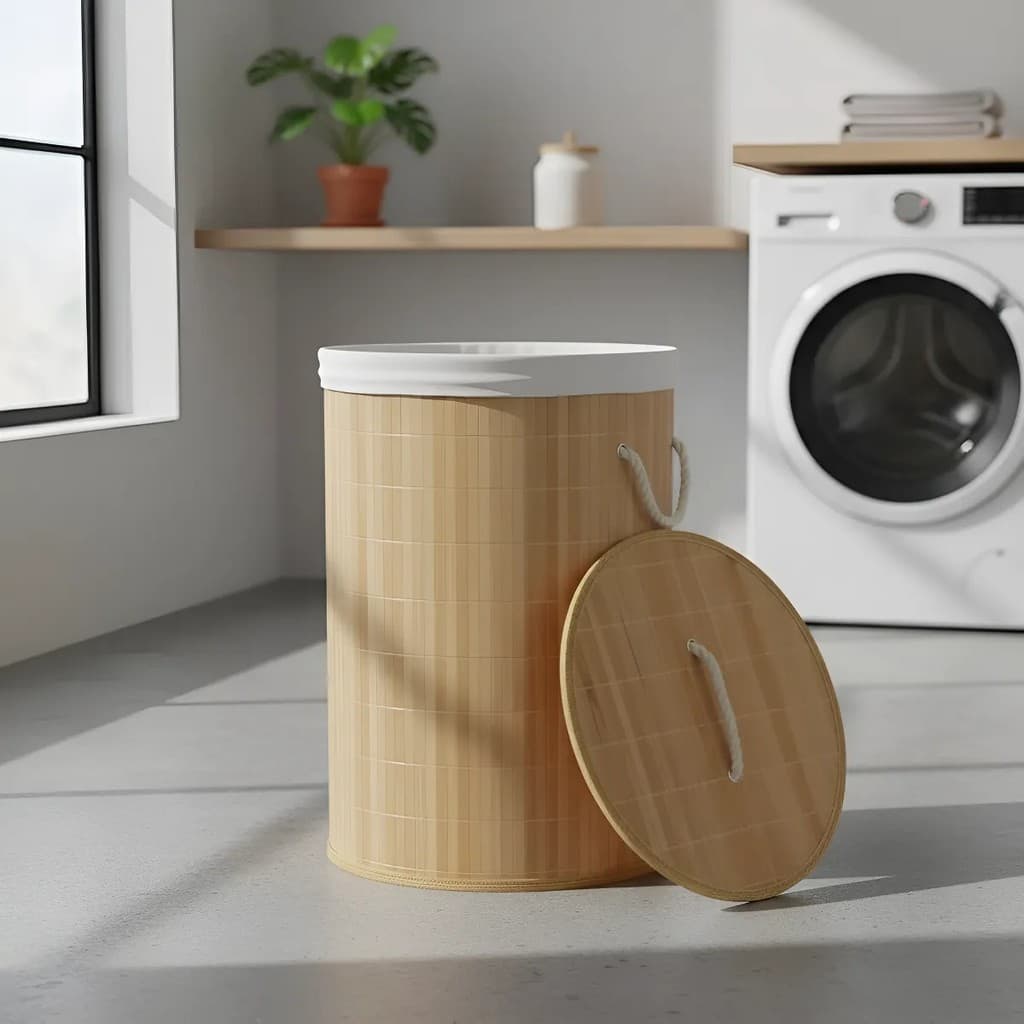 Cesto de Roupa Suja em Bambu com Tampa Dobrável Forrado Lavanderia Grande