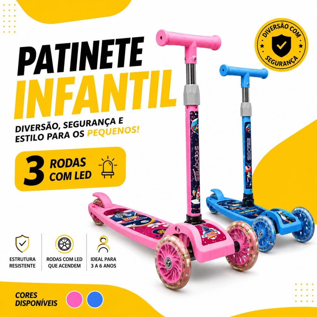 Patinete 3 Rodas Infantil Com LED Guidão Regulável Rosa ou Azul