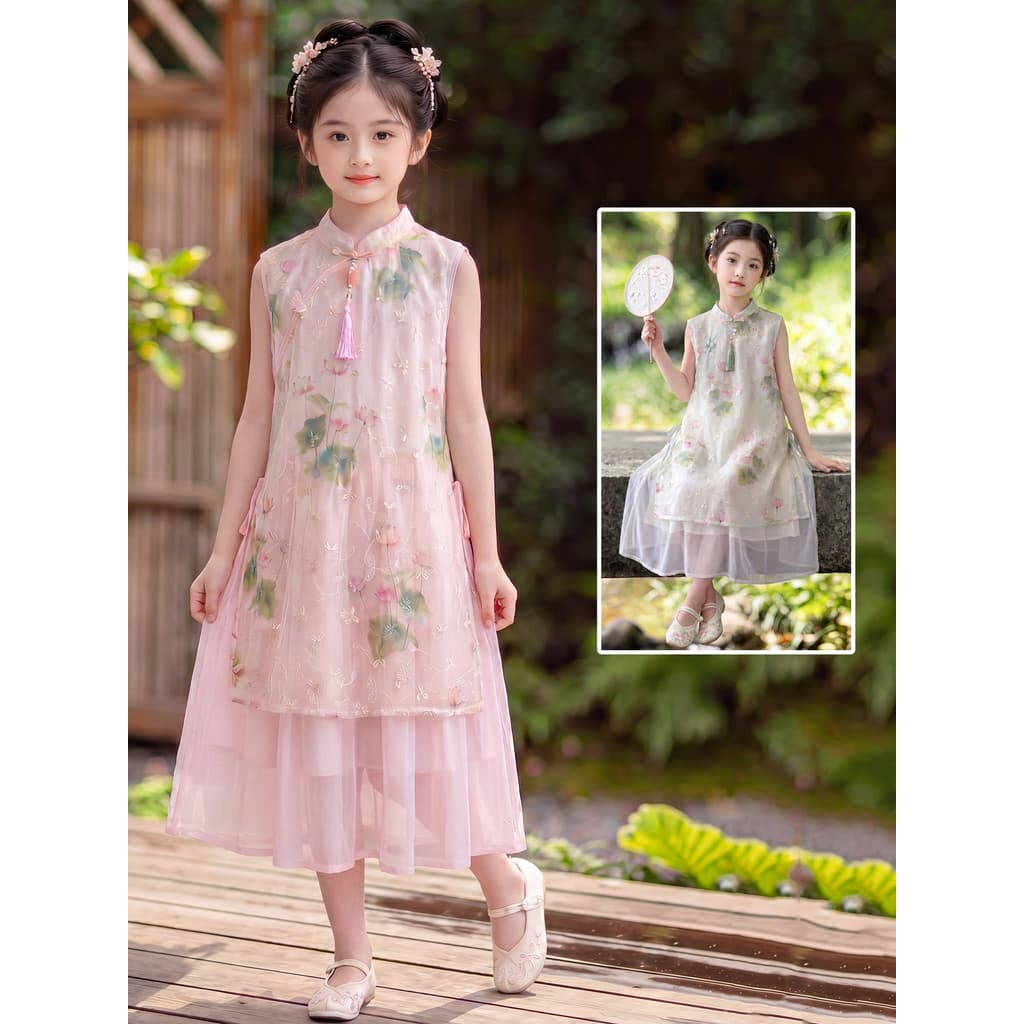 Meninas vestido estilo chinês Hanfu verão 2026 novo estilo meninas Cheongsam vestido estilo chinês bebê sem mangas saia
