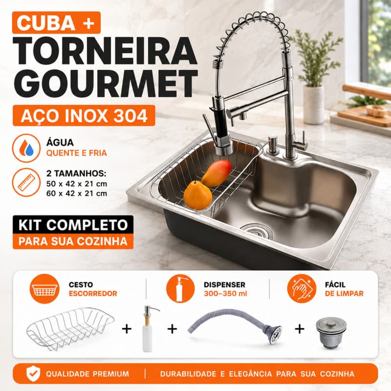 Kit Cuba de Cozinha Inox 304 + Torneira Gourmet 2 Saídas, Spray Extensível, Cesto e Dispenser