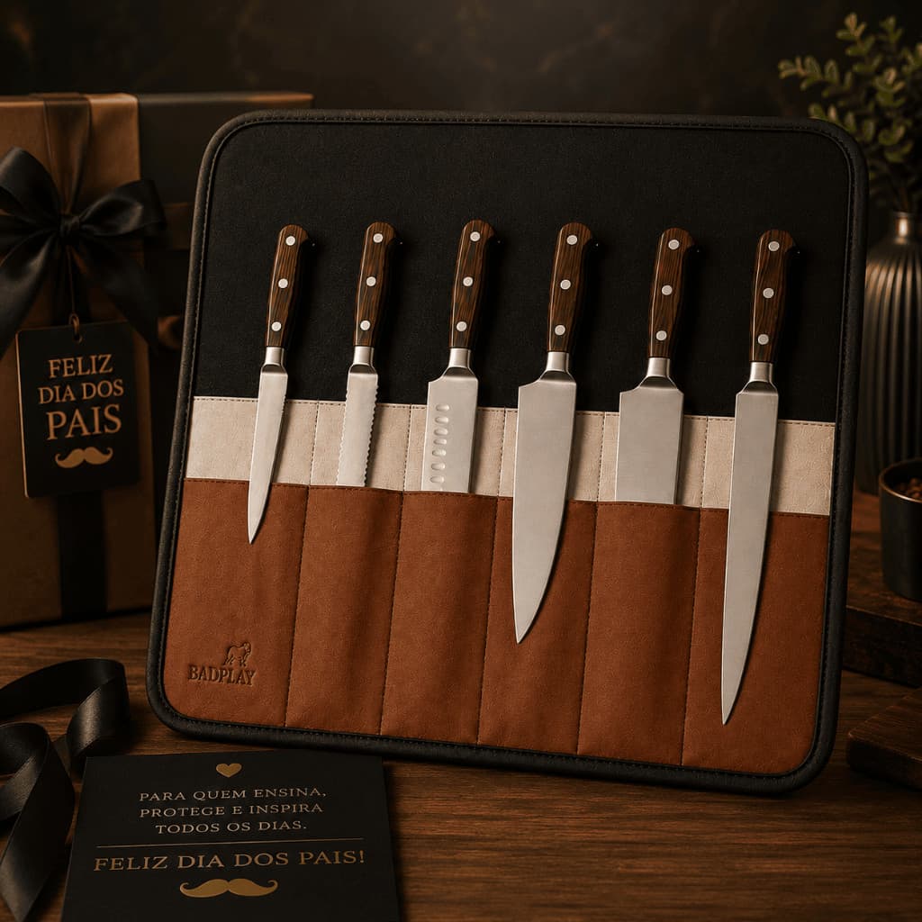 Presente Dia dos Pais Porta Faca Couro Sintético Premium para Chef e Churrasqueiro Porta Facas Chef
