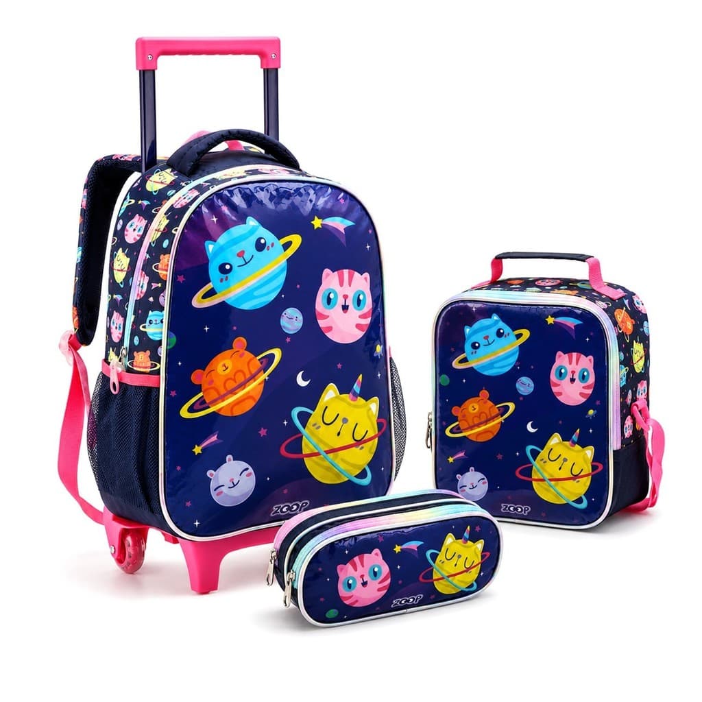 Kit Escolar Mochila De Rodinhas + Lancheira Térmica + Estojo Galáxia Forro Interno Resistente