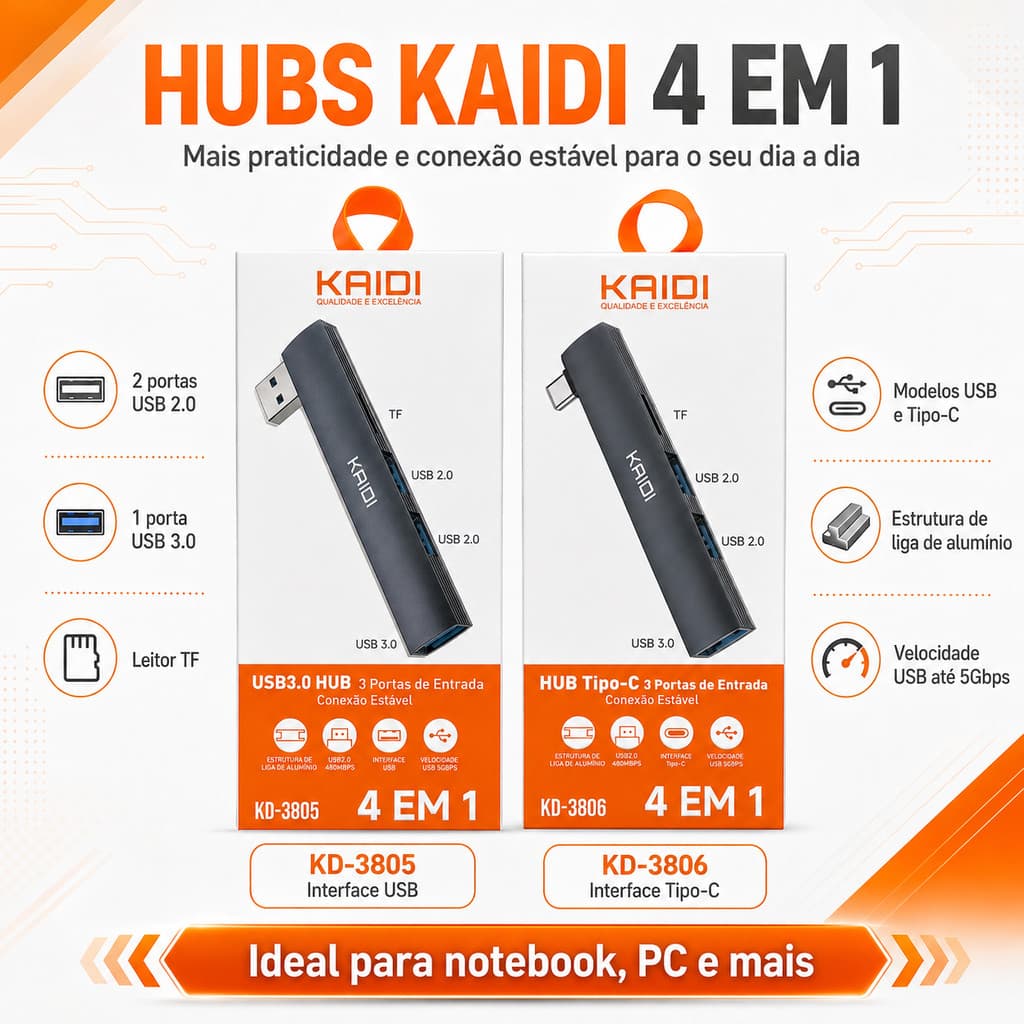 Hub USB KAIDI 4 em 1 com USB 3.0, USB 2.0 e Leitor TF