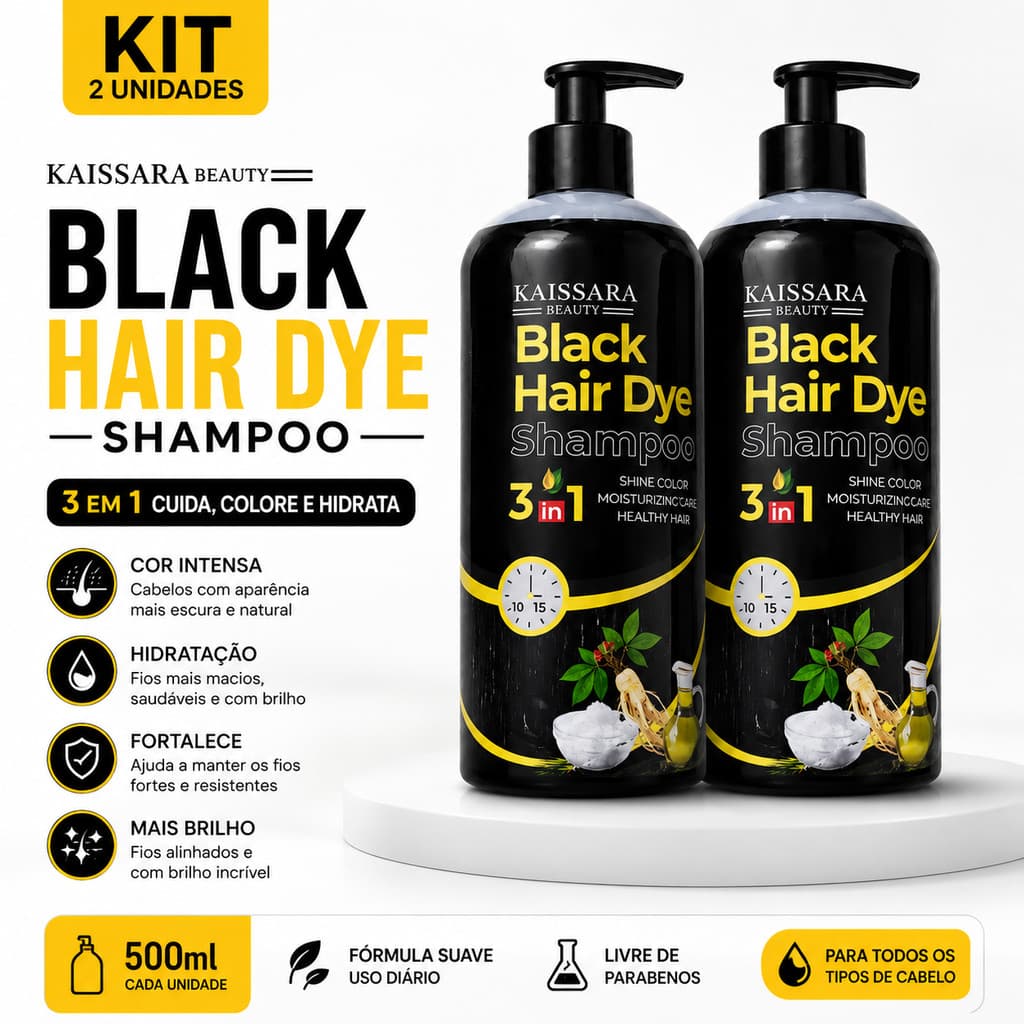 Kit 2 Shampoo Preto Kaissara Beauty 3 em 1 Black Hair Dye 500ml Cada