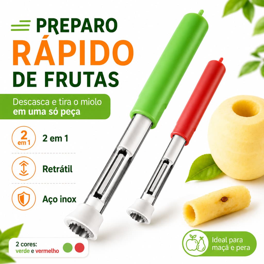 Descascador de Maçã e Pera 2 em 1 Tira Miolo Retrátil em Aço Inox Cortador de Frutas Verde ou Vermelho