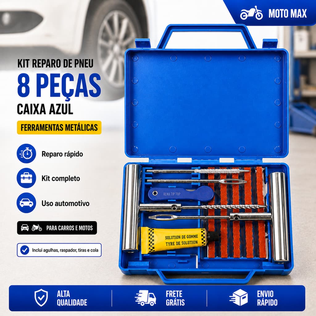 Kit 8 Peças Reparo de Metal para Pneus de Carros Motos + Macarrão + Maleta premium