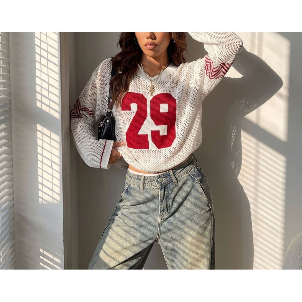 Moletom Feminino Y2k Grande Oco Crochê Com Decote Em V Estampado