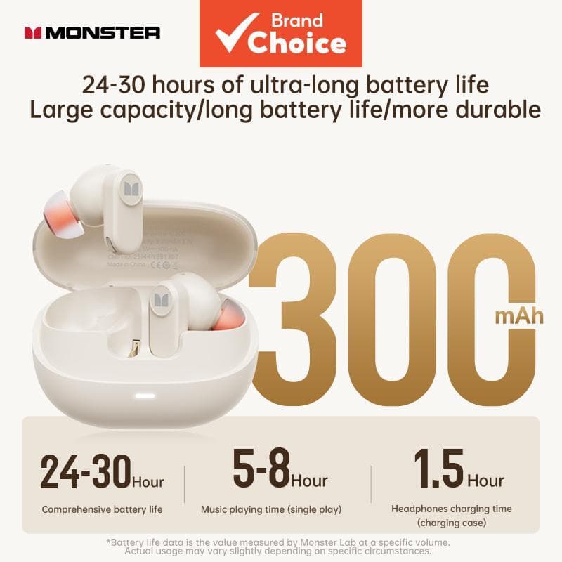 Fones de ouvido intra-auriculares Monster M-M300 TWS sem fio, fones de ouvido com cancelamento de ruído ativo -48dB, som