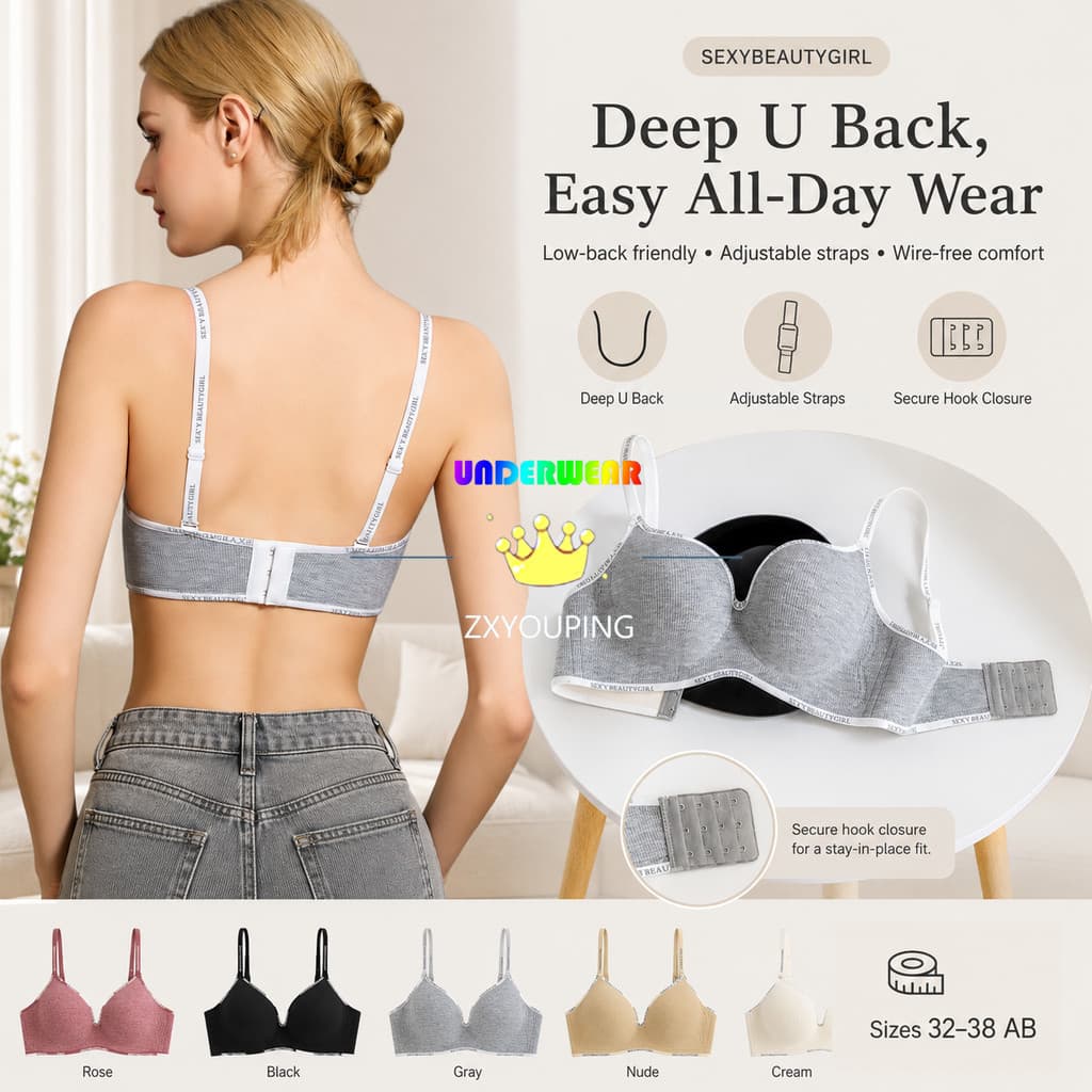 ZXYOUPING Conjunto De Sutiã Feminino Confortável , 2 Peças , Sem Fio , Com Nervuras , Acolchoado , Costas Em U Profundo
