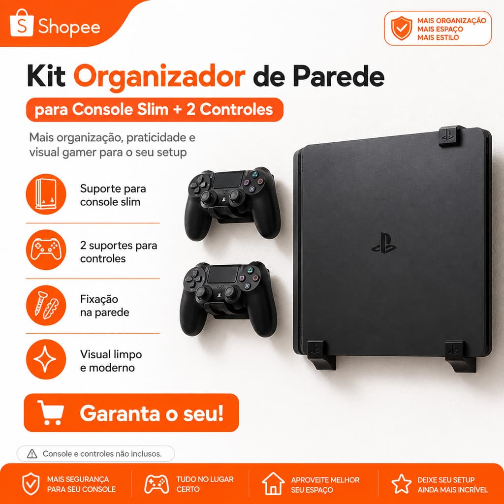Suporte Parede compatível com Playstation 4 PS4 Slim + 2 Suportes Controle + bucha e parafusos
