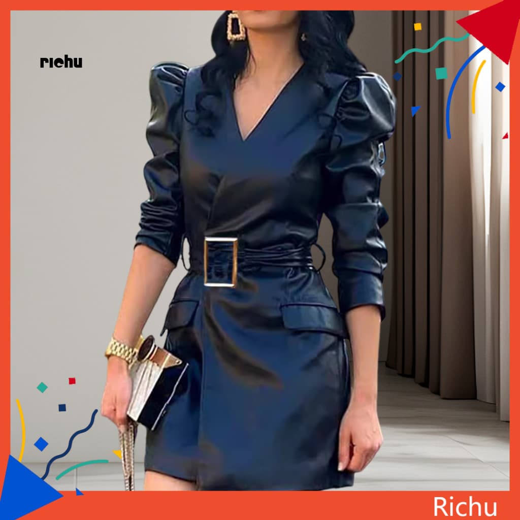 Slim Fit Dress Women Spring Women’s V Neck Faux Leather Mini with Belted Waist and Long Bubble Sleeves – Stylish Sol