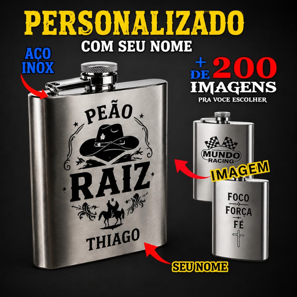 Cantil De Bolso Aço Personalizado Inox Gravado Nome & Imagem Bebidas Whisky Vodka