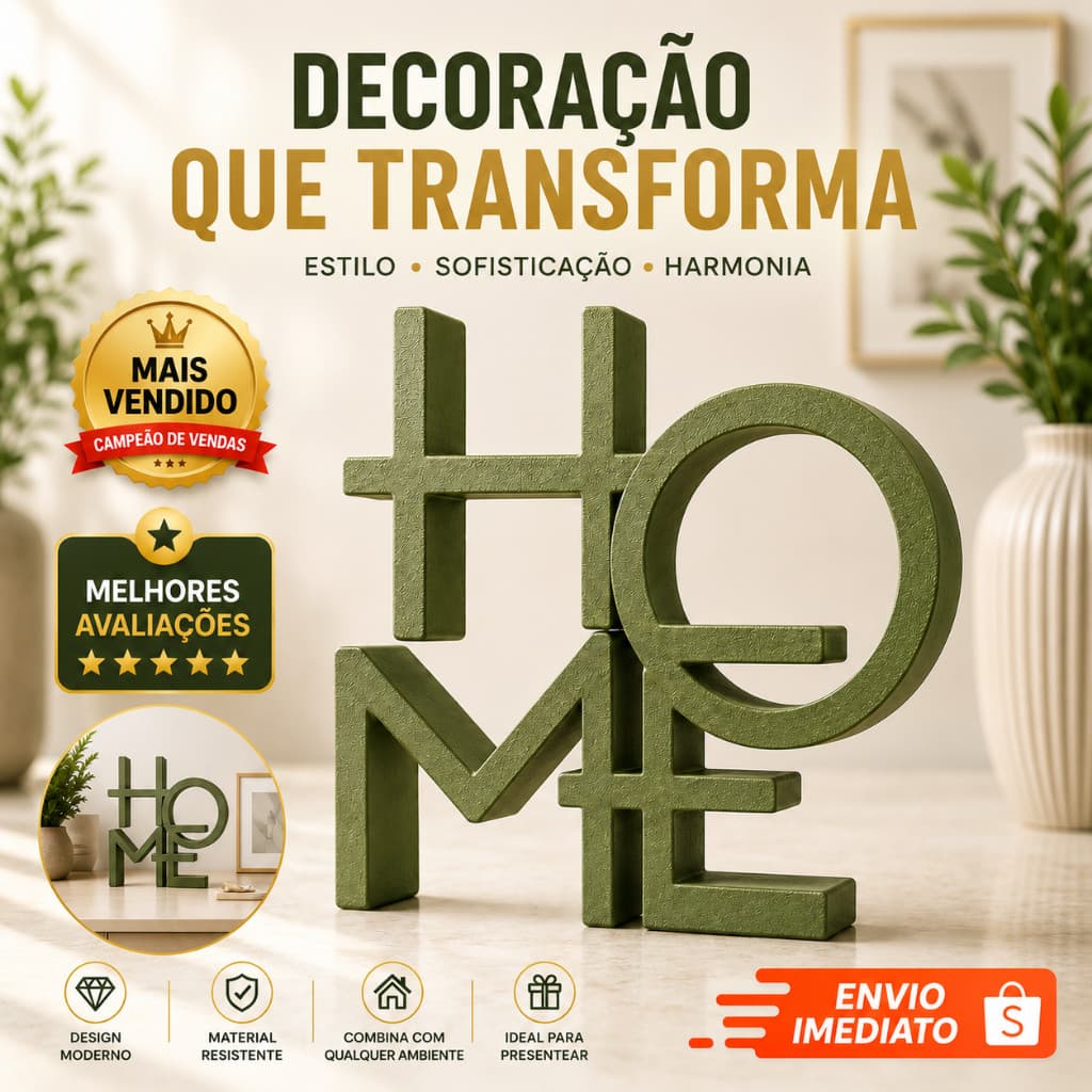 HOME Decorativo 3D Letreiro Premium Enfeite Moderno Sala Rack Estante Prateleira