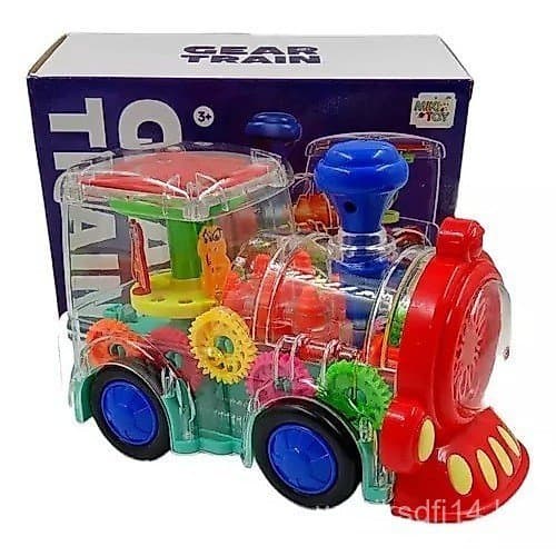 Trem musical infantil, movido a bateria, pode se mover para frente e para trás e vem com luzes.