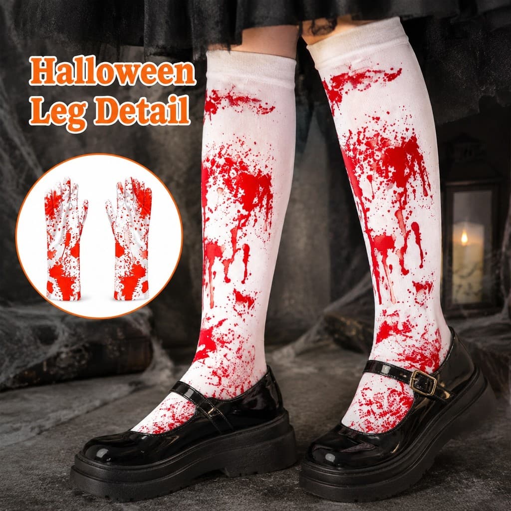 Conjunto De Acessórios De Fantasia Assustadora , Luvas De Halloween , Meias , Estampa De Sangue Vermelho Branco