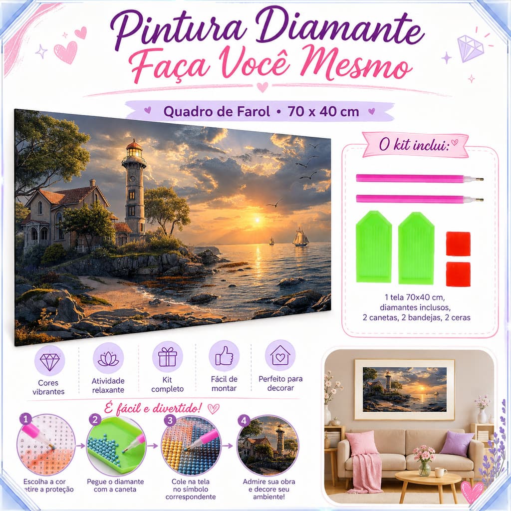 Kit Pintura com Diamantes DIY Farol Costa 70×40cm, 2 Canetas e Bandejas, Acessórios Completos