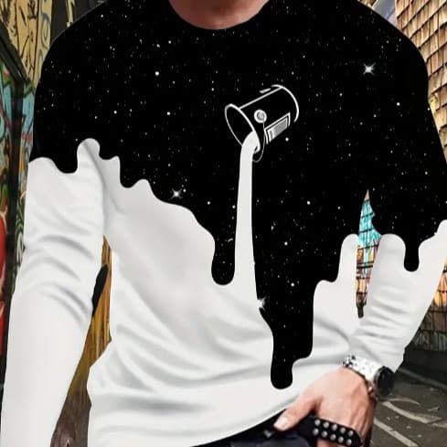 Camiseta masculina de manga comprida, simples, estilosa, com estampa 3D, gola redonda, no novo estilo europeu e american