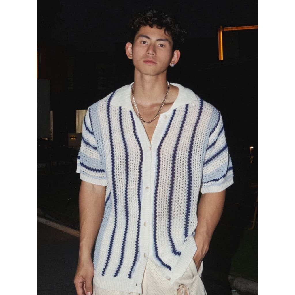 Estilo americano listrado oco malha Cardigan masculino malha transparente camisa de manga curta sensação solta Casual Wo