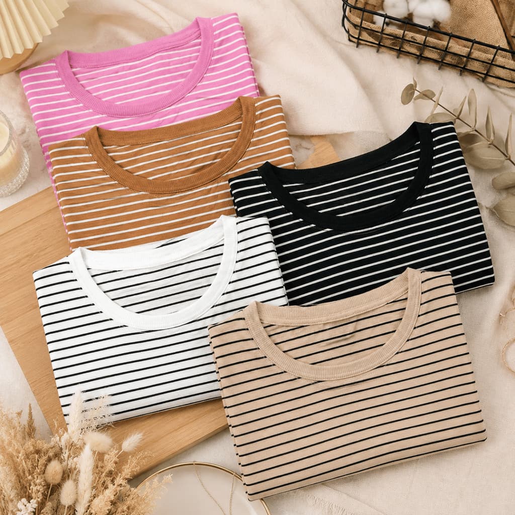 Kit 5 Blusas Listradas Feminina 100% Algodão Premium T-shirt Manga Curta Elegante
